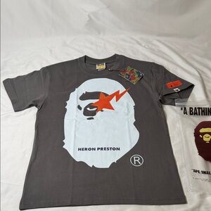 Bape Charcoal Gray Tee with White and Orange Graphic